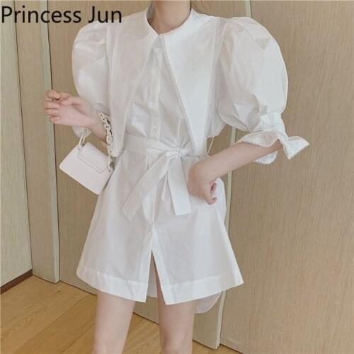 Big Size 4xl Women Summer Black White Mini Shirt Dress French Puff Sleeve Peter Pan Collar Casual Dress Belted Waist Fairy Dress