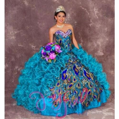 Bealegantom Sexy New Sexy peacock Ball Gowns Embroidery Quinceanera Dresses 2021 With Beads Sweet 16 Dresses 15 Year Prom Gowns