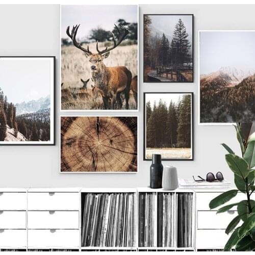 Mountain Forest Deer Tree Rings Landscape Painting Nordic Morning Scenery Canvas Nature Poster Art Print Wall Picture Home Decor