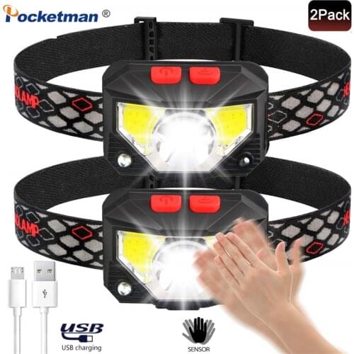 2PCs set Super Light Headlight USB Rechargeable Headtorch 8 Modes Waterproof With Motion Sensor And Built-in Battery For Outdoor