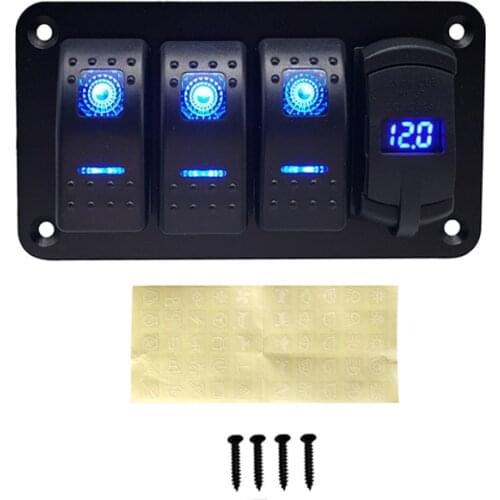 4 Gang Rocker Switch Panel 12V/24V Circuit Control LED Digital Voltmeter Dual USB Port Charger Breaker for Car SUV Marine RV