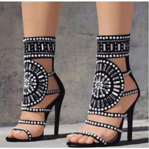 Ethnic Open Toe Rhinestone Design High Heel Sandals Crystal Ankle Wrap Diamond Gladiator Women Sandals Black Size 35-42