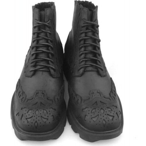 British Style Boots Men Luxury Cow Leather Lace-Up Bullock Ankle Shoes Fashion 2020 Winter Punk Motorcycle Platform Black Boots