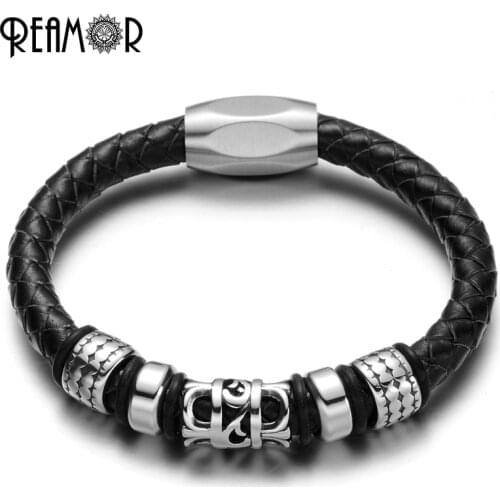 REAMOR Trendy Scout Flowers Charms Male Bracelets Leather Rope with Stainless Steel Magnet Buckle Bracelet Men Fashion Jewelry