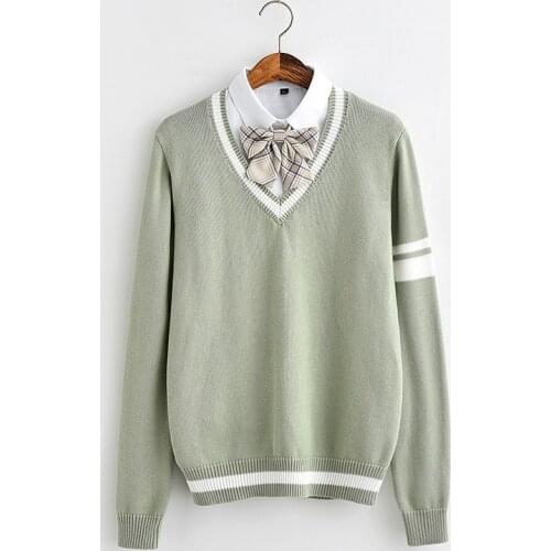 JK Loose size sweater Cute soft gentle Grass green color Single sleeves two bars light green Soft Meng stripe sweater