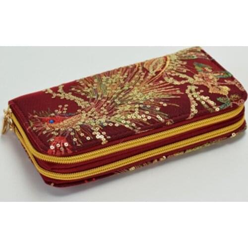 Chinese national wind double-sided embroidery wallet high-end features peacock embroidery hand-made change mobile phone bag
