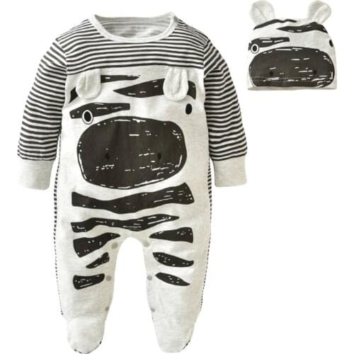 New 2020 Newborn Baby Boy Clothes Cute Cows Gray Striped Long Sleeve Baby Rompers+Hat Infant 2pcs Toddler Baby Clothing Set