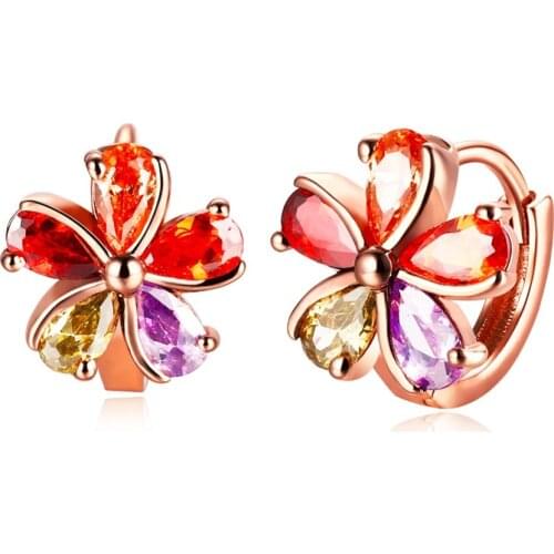 Beautiful Rose Gold color Flower Clip Earrings with Zircon Woman Fashion Jewelry Christmas Gift Top Quality Global Hot E123