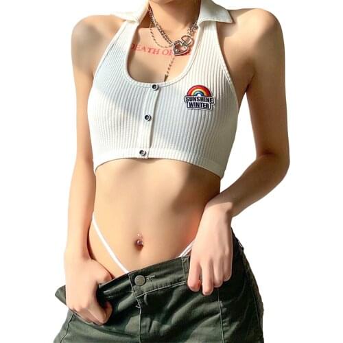 Summer Fashion Women Tank Top Sexy Halter Top Sleeveless Button Front Rainbow Letter Embroidery Lapel Camisole Top Streetwear