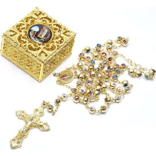 6mm Copper Beads With Religious Figures Rosary Curved Needle Necklaces In Metal Box High Quality Gift Can Prayer