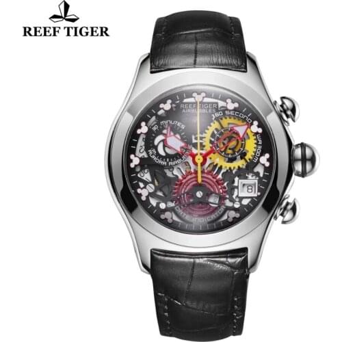 Reef Tiger/RT Fashion Sport Women Watches Steel Skeleton Analog Watches Genuine Leather Strap Waterproof Quartz Watches