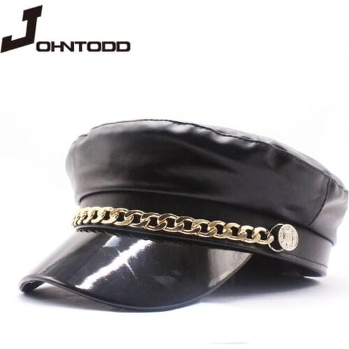 New cap fashion octagonal hat military hat ladies solid color solid color newsboy hat retro ladies solid color PU leather hat