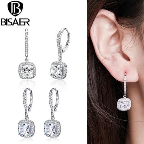 Dazzling Earrings BISAER 925 Sterling Silver Zircon Pave Setting Women dangle Earrings 925 Fashion Wedding Jewelry ECE520-1
