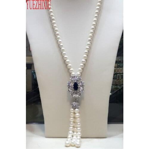 Hot sell Natural 8-9mm freshwater pearl white long necklace 25inch Sweater chain tassel Micro inlay zircon clasp jewelry