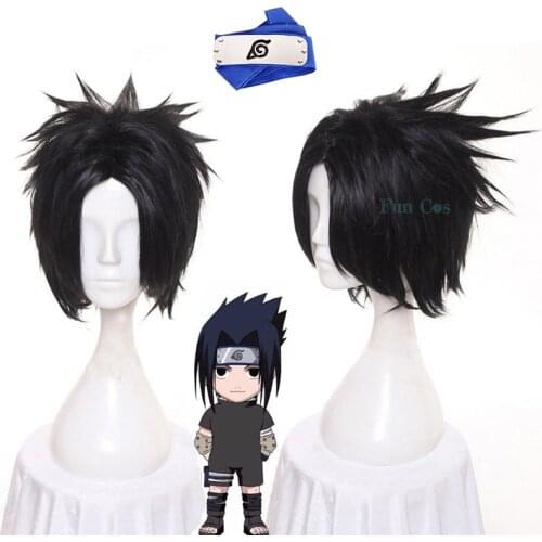 Anime Boruto Character Sasuke Cosplay Wig Black Short Wig Blue Headband Heat Resistant Fiber Hair + Free Wig Cap for Woman Man