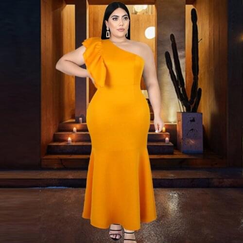 Plus Size Dress Women Yellow One Shoulder Ruffle Sleeve Beading Bodycon Solid Vintage Elegant Birthday Party Evening Lady Dress