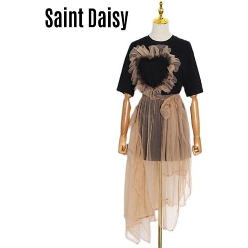 SaintDaisy Casual Dress Two Pcs Set Streetwear Fashion Summer Pullover Gauze Dress Elastic Waist Cape type Knee-Length O-Neck