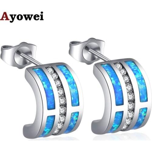 Ayowei Brand design bent Earrings Design for Elegant Ladies Blue Fire Opal silver Stamped Stud Earring Jewelry OE750A