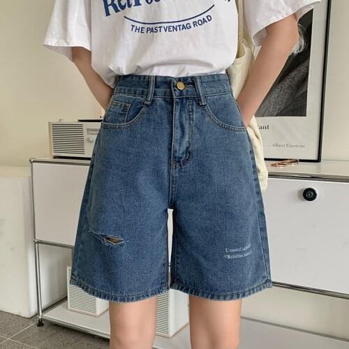 Ailegogo New Summer Women High Waist Embroidery Loose Blue Denim Shorts Streetwear Female Wide Leg Retro Ladies Jeans Shorts