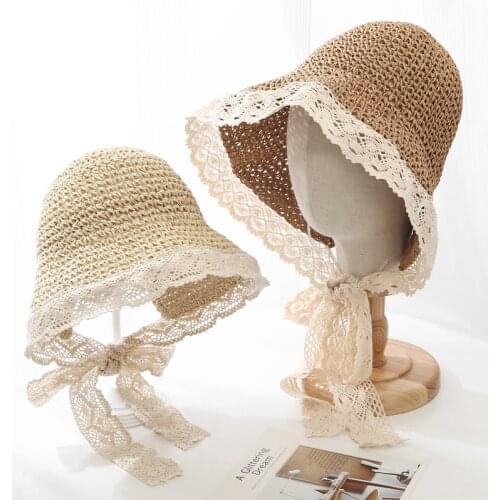 Internet Celebrity French Lace Lace Straw Hat Womens Summer Korean Style All-Matching Strap Sun Hat Travel Sun-Proof Beach Hat