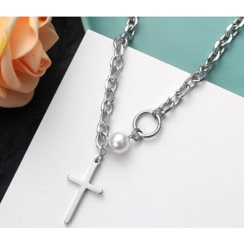 U-Magical Gothic Asymmetric Cross Simulation Pearl Pendant Necklace for Women Chunky Curb Chain Metallic Necklace Jewelry
