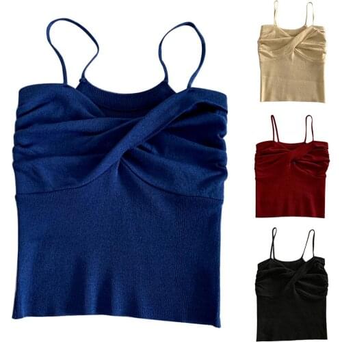 Streetwear Fashion Women Ruched Sleeveless Slim-Fit Knit Vest Spaghetti Strap Camisole Casual t-shirt