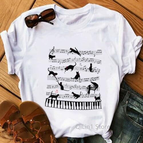 Mischief Black Cat Playing Musical Note Funny T Shirts Women Summer White Short Sleeve Casual Top Kitten Mom/Lover Gift Tshirt