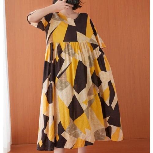 Oversized Women Cotton Linen Loose Casual Dress New Arrival 2021 Summer Vintage Style V-neck Print Female Long Dresses S3611