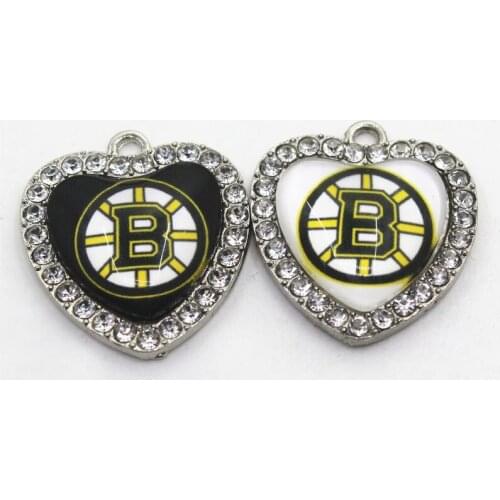 Ice Hockey Team Bruins Crystal Heart 10pcs Dangle Charms DIY Jewelry Accessory Hanging Floating Ice Hockey Sports Charms