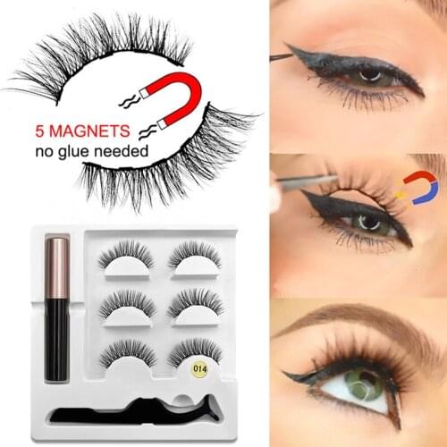 3 Pairs Magnetic Fake Eyelashes Extension Natural Long Eye Lashes Liquid Eyeliner + Magnetic False Eyelashes + Tweezer Set Tool
