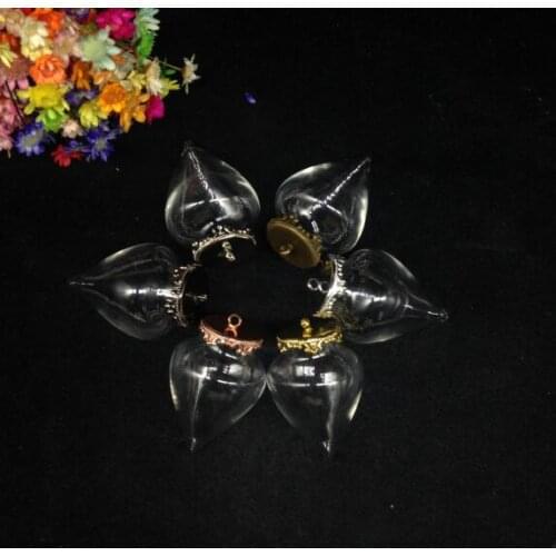 3pcs 38x15mm heart shape glass bubble bottle pendant with flat crown tray Hand Blown Glass Orb, Botanical wish jewelry finding