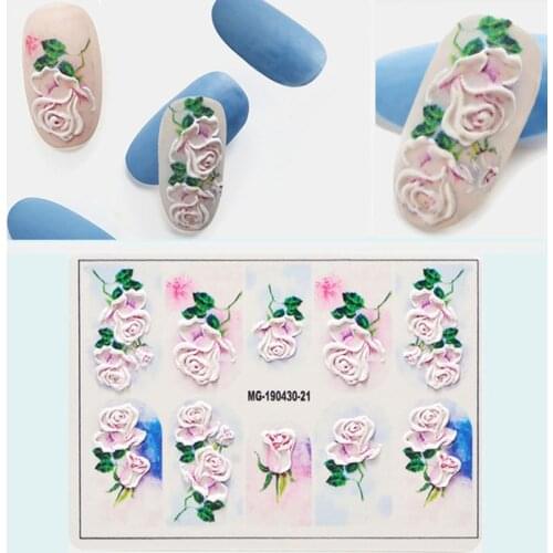 3D Acrylic Engraved flower Nail Sticker Embossed Leopard flower Leaves Water Decals Empaistic Nail Water Slide Decals Z0109