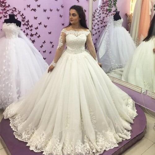 Saudi Arabia ball gown Wedding dresses Long Sleeves Off Shoulder Plus Size Lace Bridal dress Wedding gowns Vestidos Noiva 2020