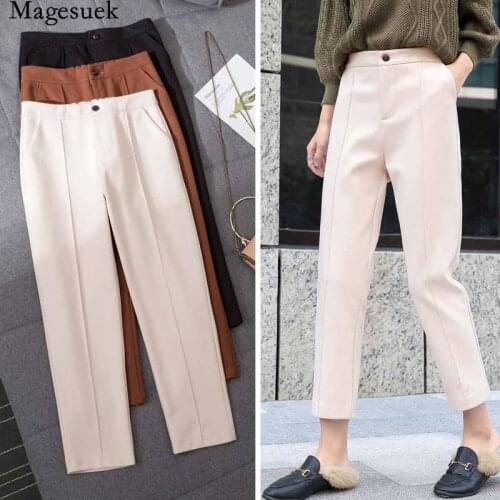 2020 New Woolen Pants Women Autumn and Winter Slimming Solid Calf-length Pants Casual Straight Loose Harem Trousers Women 11584