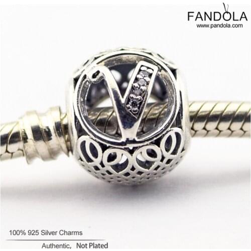 Letter V Beads 925 Sterling Silver Clear CZ Alphabet Vintage Charm Beads for Jewelry Making Fits Europe Charm Bracelet Berloque