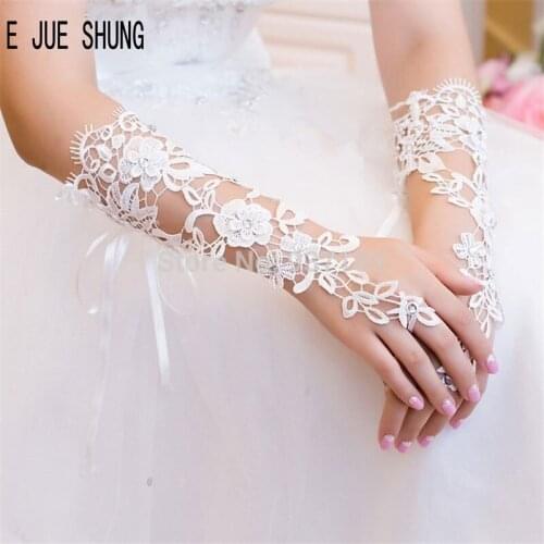 E JUE SHUNG Wedding Gloves Fingerless Long Lace Appliques Bridal Gloves White Ivory Rhinestone Wedding Wedding Accessory