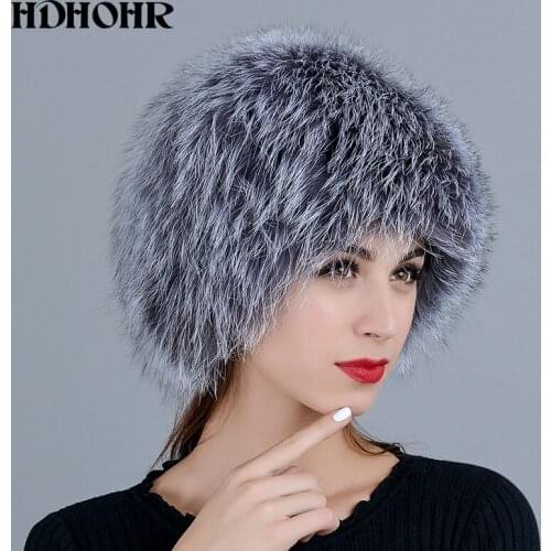 HDHOHR 2018 Hot Sale 100% Real Silver Fox Fur Hat Women Real All Fur Cap Fox Fur Knitted Hats Female Thick Warm Headwear Hats