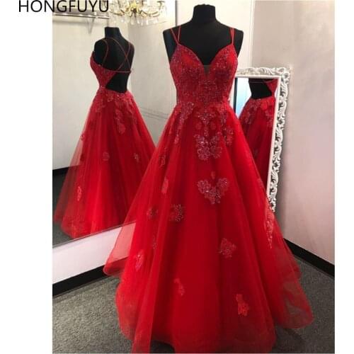 HONGFUYU 2021 Tulle Red Evening Gowns vestidos de gala Spaghetti Straps Prom Dresses Long Appliques Lace Formal Dress Backless