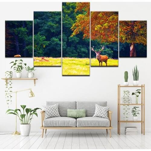 Canvas Painting nature landscape tree autumn deer 5 Pieces Wall Art Painting Modular Wallpapers Poster Print Home Decor