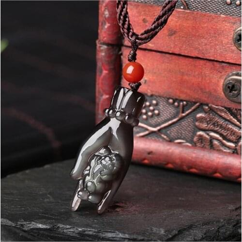 Koraba Fine Jewelry China Natural Ice Color Obsidian Jade Hand and Pi Xiu Pendant Necklace Amulet Free Shipping