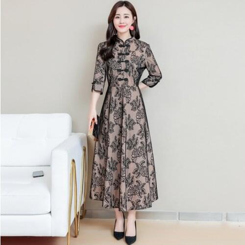 Modified Chinese Dress Qipao 2020 Spring New Retroao Dai Vietnam Clothing Elegant Ladies Oriental Long Cheongsam Dress 11682
