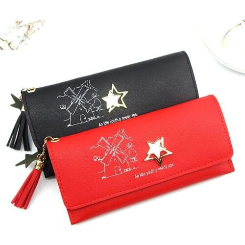 Fashion Simple Long Clutch Bags for Women Popular Star Pattern Letter Tassel Design Phone Wallet Female Daily Coin Purse B443