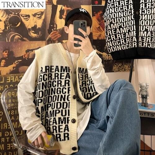 2021 mens new original Hong Kong style letter knitted cardigan sweater vest