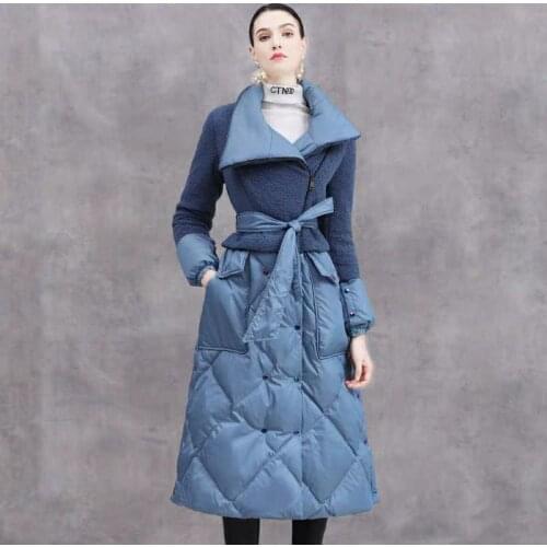 Obrix Classical Duck Down Filler Female Jacket Turn Down Collar A-Line Full Sleeve Belt Double Breasted Zipper Jacket For Women