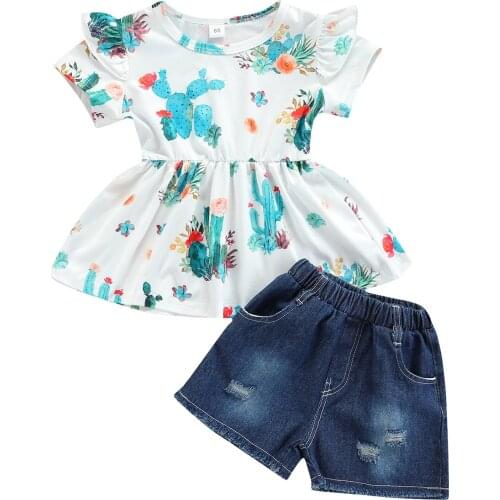 1-6Y Toddler Baby Kid Girl Clothes Set Short Sleeve Cactus print Top Denim Shorts Outfits Children Girls Costumes Summer