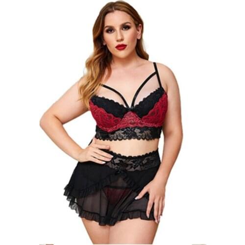 Sexy Plus Size Lingerie Set Mesh Strappy BraTransparent Bustier Corset Top Blouse Erotic Underwear Women Panties Short Skirt
