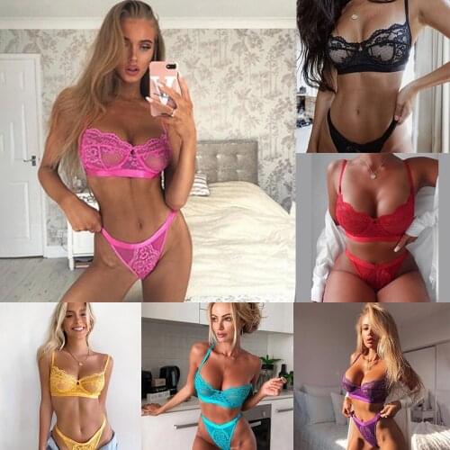 Spring and Summer New Popular Sexy Perspective Lace Bra Bikini Pajamas Underwear Three-point Split Fun Suit