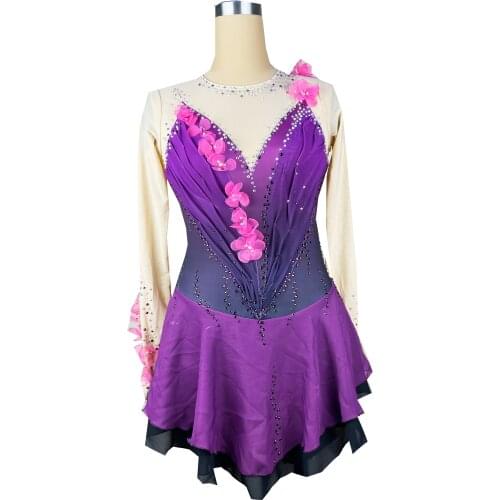 Violet Figure Skating Dress Long-Sleeved Ice Skating Skirt Spandex