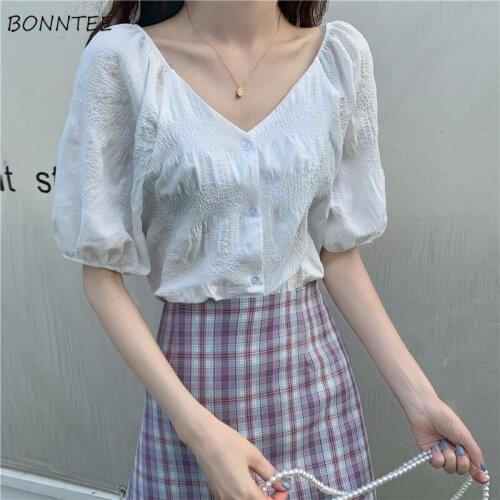 Shirts Women Slim Temperament Female Stylish Summer Puff Sleeve Chic Preppy Girlish Blusas Mujer Casual Cozy Solid Korean Mujer