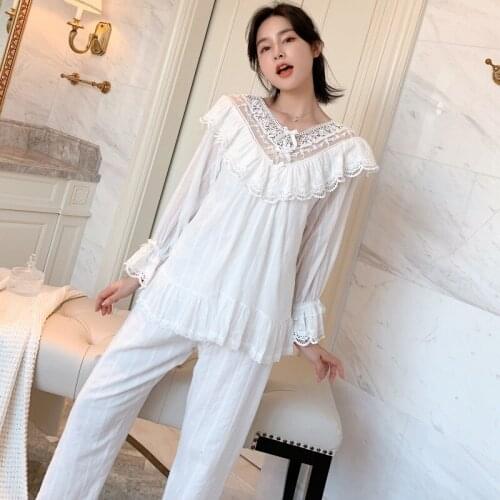 Autumn Embroidery Lace Princess Retro Woven Cotton Pajamas Suit Long Sleeve Trousers Set Outwear Sleepwear